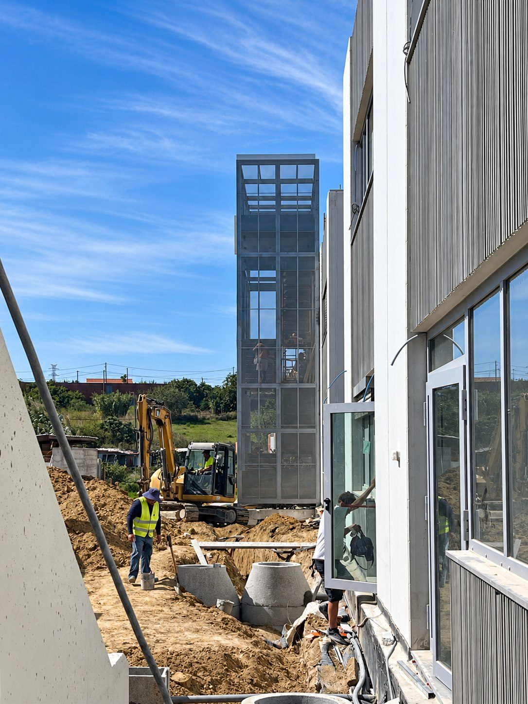 The metal stair tower and drainage works
